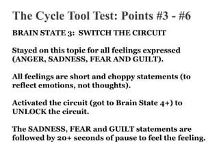 The Cycle Tool Test: Points #3 - #6
BRAIN STATE 3: SWITCH THE CIRCUIT
Stayed on this topic for all feelings expressed
(ANGER, SADNESS, FEAR AND GUILT).
All feelings are short and choppy statements (to
reflect emotions, not thoughts).
Activated the circuit (got to Brain State 4+) to
UNLOCK the circuit.
The SADNESS, FEAR and GUILT statements are
followed by 20+ seconds of pause to feel the feeling.

 