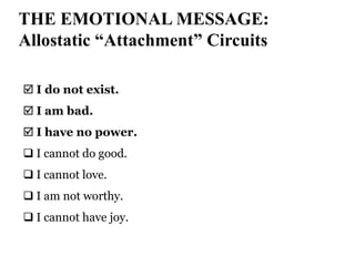 THE EMOTIONAL MESSAGE:
Allostatic “Attachment” Circuits
 I do not exist.
 I am bad.

 I have no power.
 I cannot do good.
 I cannot love.
 I am not worthy.
 I cannot have joy.

 