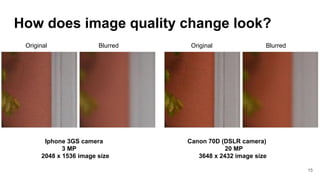 Iphone 3GS camera Canon 70D (DSLR camera)
3 MP 20 MP
2048 x 1536 image size 3648 x 2432 image size
Original Blurred Original Blurred
How does image quality change look?
15
 