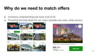 Why do we need to match offers
● Inventory understanding (we have a lot of it!)
● Providing the best deals for our users (sample use case: strike prices)
22
 