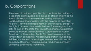 b. Corporations
It is a form of business operation that declares the business as
a separate entity guided by a group of officers known as the
Board of Directors. They were created by individuals,
stockholders or shareholders, with the purpose of operating
for profit. They have all legal rights of an individual, except for
the right to vote and certain limitations. They are given the
right to exist by the state that issues their charter. Corporation
example Includes General Motors Corporation an icon of
American craftsmanship, Apple Corporation as one of the
famous tech companies, Amazon Corporation founded by
Jeff Bezos is the world’s leading ecommerce and innovation
company, Domino’s Pizza is a global food chain company
delivering quality food worldwide.
 