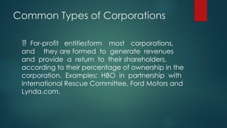 Common Types of Corporations
 For-profit entitiesform most corporations,
and they are formed to generate revenues
and provide a return to their shareholders,
according to their percentage of ownership in the
corporation. Examples: HBO in partnership with
International Rescue Committee, Ford Motors and
Lynda.com.
 
