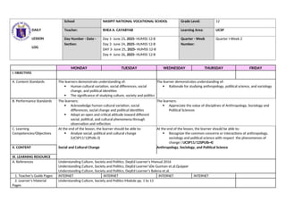 Daily Lesson Log for Understanding Culture, Society and Politics 12 | DOC
