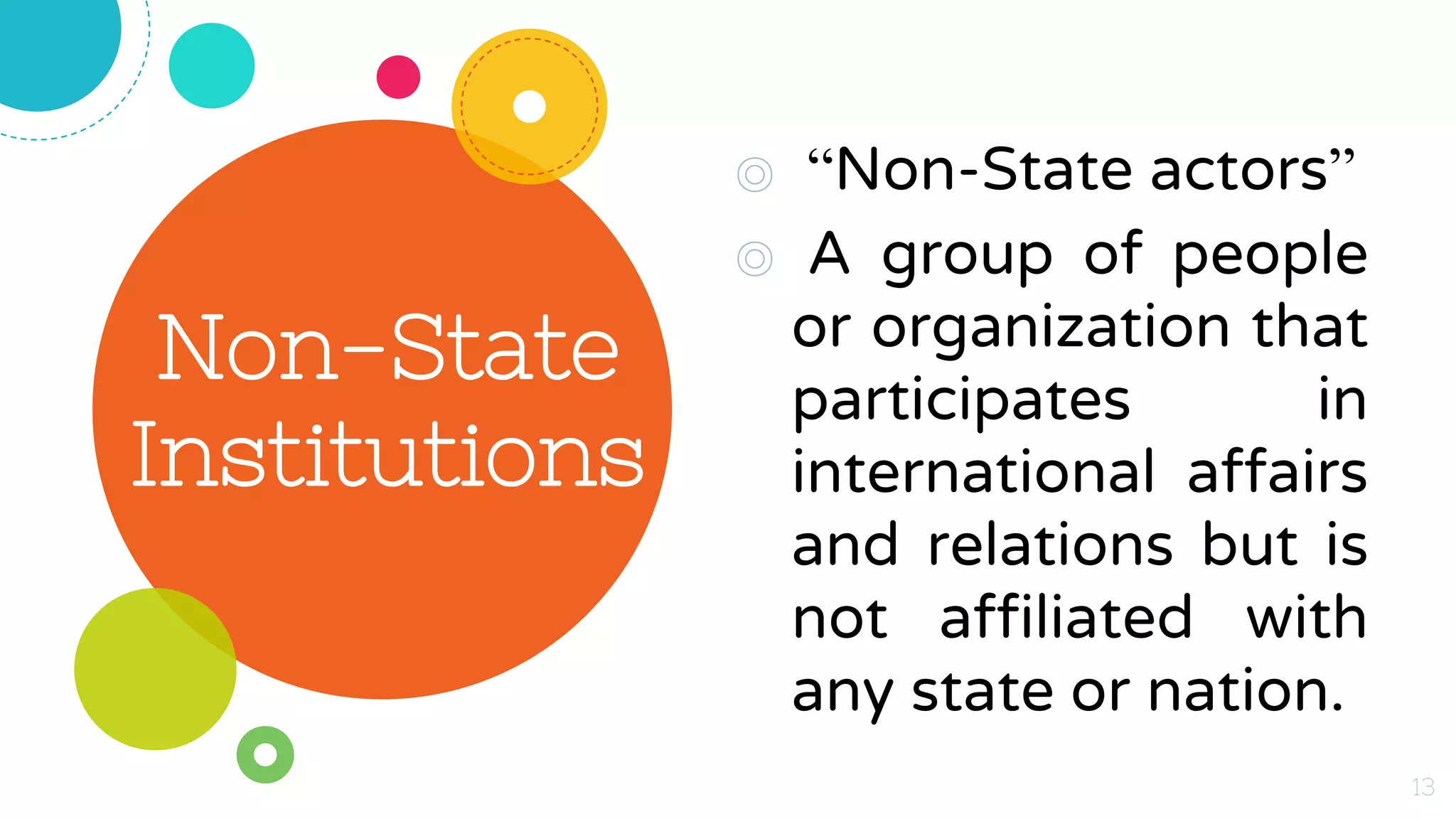 ◎ “Non-State actors”
◎ A group of people
or organization that
participates in
international affairs
and relations but is
not affiliated with
any state or nation.
13
Non-State
Institutions
 