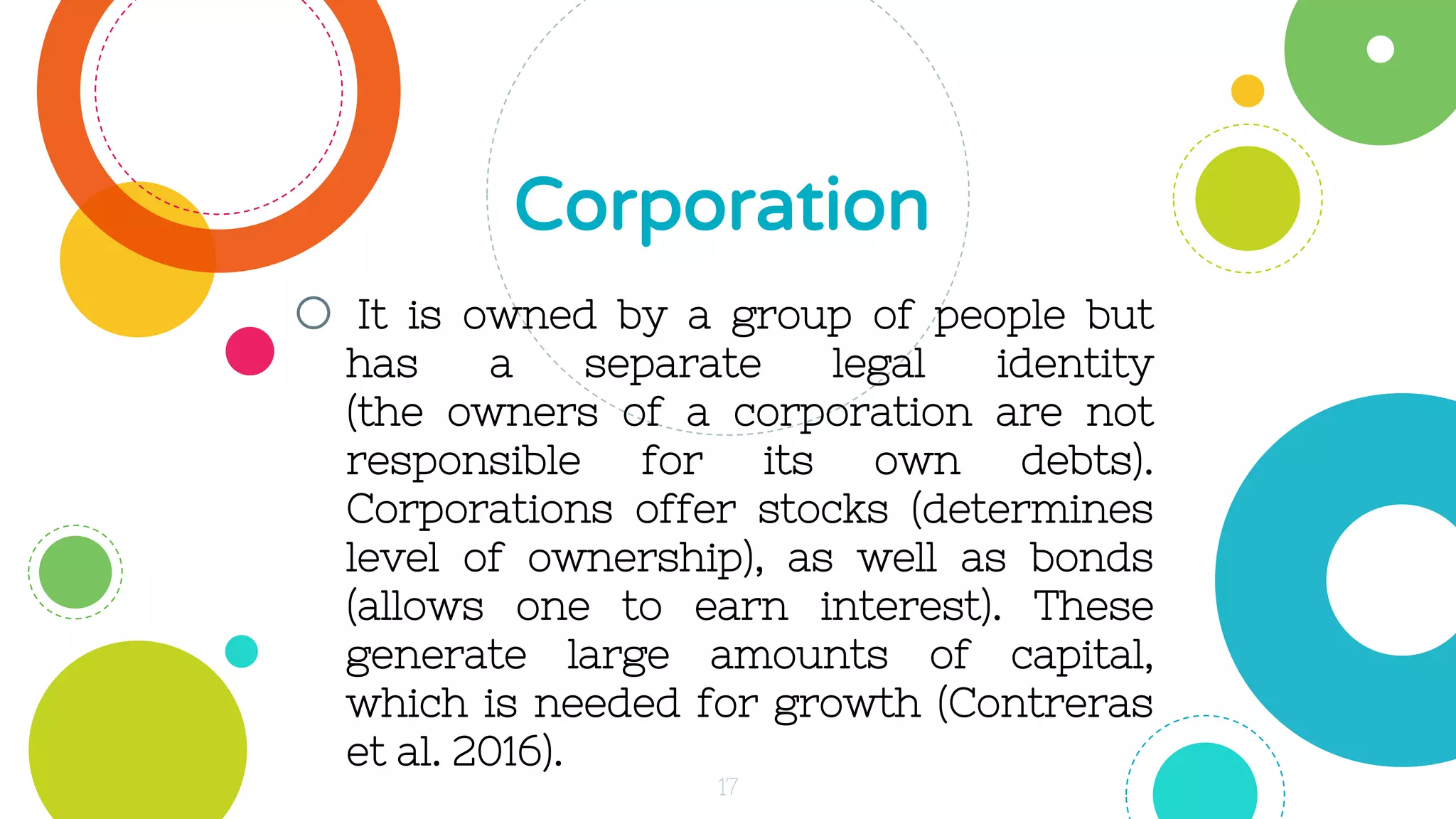 o It is owned by a group of people but
has a separate legal identity
(the owners of a corporation are not
responsible for its own debts).
Corporations offer stocks (determines
level of ownership), as well as bonds
(allows one to earn interest). These
generate large amounts of capital,
which is needed for growth (Contreras
et al. 2016).
Corporation
17
 