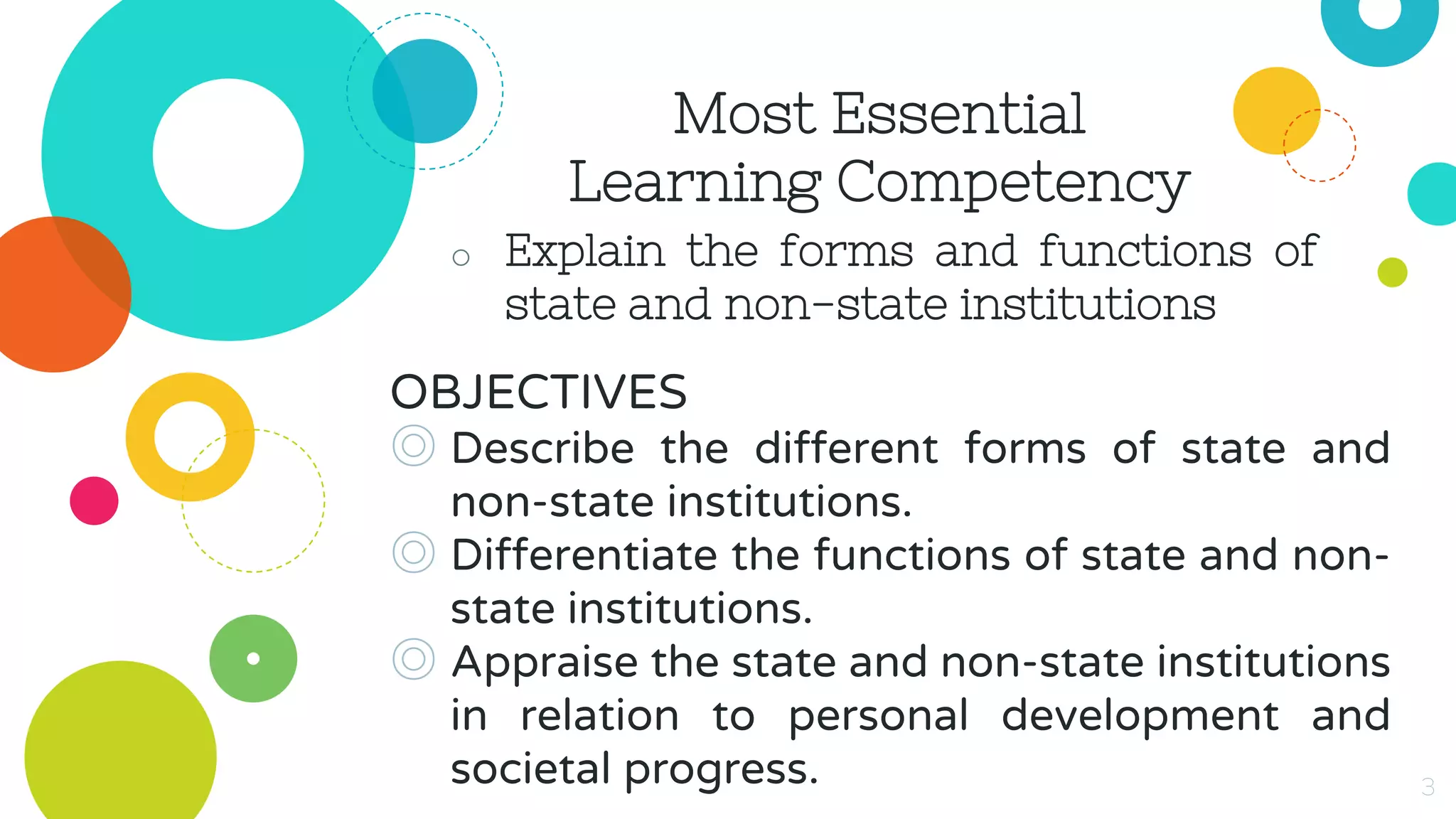 Most Essential
Learning Competency
OBJECTIVES
◎ Describe the different forms of state and
non-state institutions.
◎ Differentiate the functions of state and non-
state institutions.
◎ Appraise the state and non-state institutions
in relation to personal development and
societal progress. 3
o Explain the forms and functions of
state and non-state institutions
 