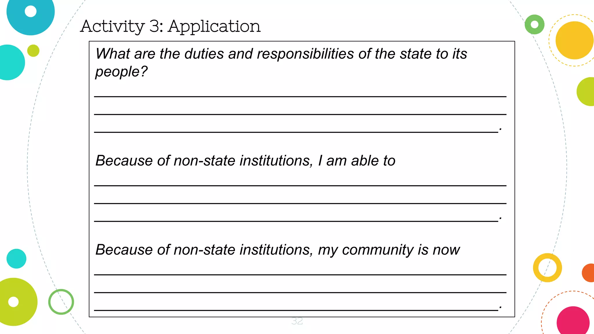 32
Activity 3: Application
What are the duties and responsibilities of the state to its
people?
__________________________________________________
__________________________________________________
_________________________________________________.
Because of non-state institutions, I am able to
__________________________________________________
__________________________________________________
_________________________________________________.
Because of non-state institutions, my community is now
__________________________________________________
__________________________________________________
_________________________________________________.
 