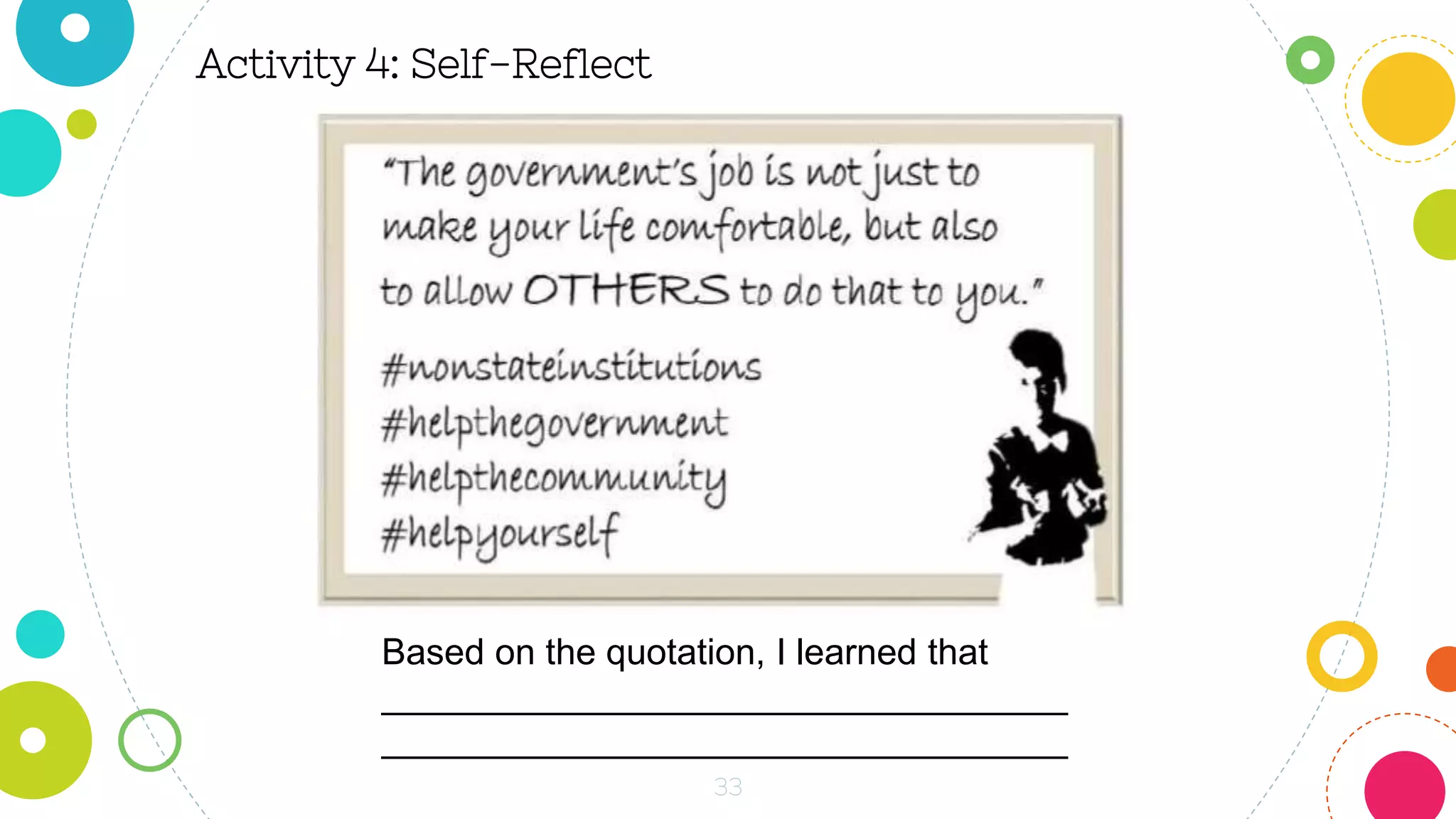33
Activity 4: Self-Reflect
Based on the quotation, I learned that
__________________________________
__________________________________
 