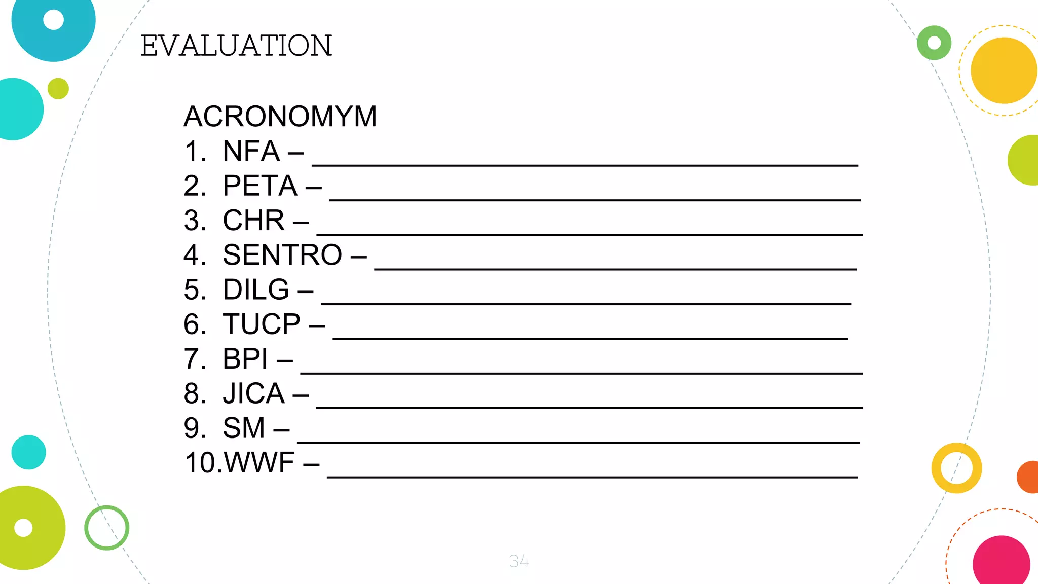 34
EVALUATION
ACRONOMYM
1. NFA – __________________________________
2. PETA – _________________________________
3. CHR – __________________________________
4. SENTRO – ______________________________
5. DILG – _________________________________
6. TUCP – ________________________________
7. BPI – ___________________________________
8. JICA – __________________________________
9. SM – ___________________________________
10.WWF – _________________________________
 