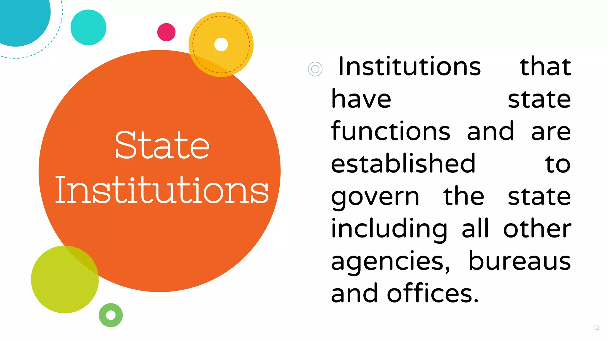 ◎ Institutions that
have state
functions and are
established to
govern the state
including all other
agencies, bureaus
and offices.
9
State
Institutions
 