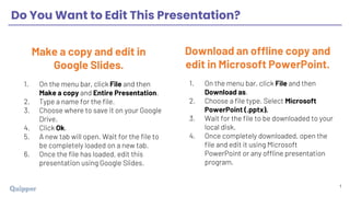 1
Make a copy and edit in
Google Slides.
1. On the menu bar, click File and then
Make a copy and Entire Presentation.
2. Type a name for the file.
3. Choose where to save it on your Google
Drive.
4. Click Ok.
5. A new tab will open. Wait for the file to
be completely loaded on a new tab.
6. Once the file has loaded, edit this
presentation using Google Slides.
Download an offline copy and
edit in Microsoft PowerPoint.
1. On the menu bar, click File and then
Download as.
2. Choose a file type. Select Microsoft
PowerPoint (.pptx).
3. Wait for the file to be downloaded to your
local disk.
4. Once completely downloaded, open the
file and edit it using Microsoft
PowerPoint or any offline presentation
program.
Do You Want to Edit This Presentation?
 