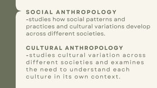 S O C I A L A N T H R O P O L O G Y
-studies how social patterns and
practices and cultural variations develop
across different societies.
CULTURAL ANTHROPOLOGY
-studies cultural variation across
different societies and examines
the need to understand each
culture in its own context.
 