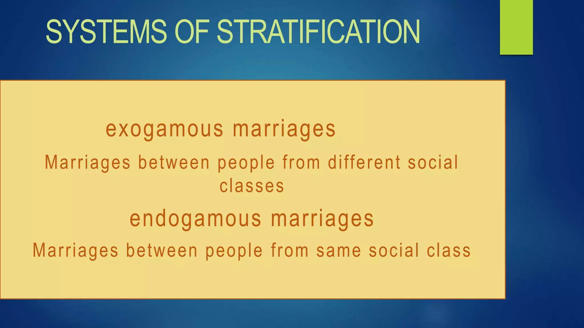 exogamous marriages
Marriages between people from different social
classes
endogamous marriages
Marriages between people from same social class
SYSTEMS OF STRATIFICATION
 