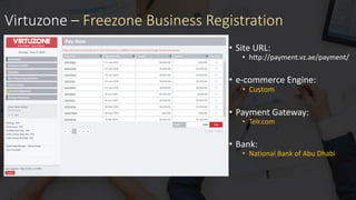Virtuzone – Freezone Business Registration
• Site URL:
• http://payment.vz.ae/payment/
• e-commerce Engine:
• Custom
• Payment Gateway:
• Telr.com
• Bank:
• National Bank of Abu Dhabi
 