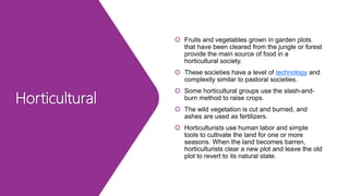 Horticultural
 Fruits and vegetables grown in garden plots
that have been cleared from the jungle or forest
provide the main source of food in a
horticultural society.
 These societies have a level of technology and
complexity similar to pastoral societies.
 Some horticultural groups use the slash-and-
burn method to raise crops.
 The wild vegetation is cut and burned, and
ashes are used as fertilizers.
 Horticulturists use human labor and simple
tools to cultivate the land for one or more
seasons. When the land becomes barren,
horticulturists clear a new plot and leave the old
plot to revert to its natural state.
 