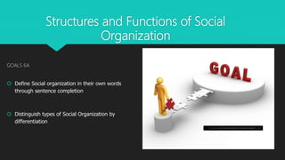 Structures and Functions of Social
Organization
GOALS 6A
 Define Social organization in their own words
through sentence completion
 Distinguish types of Social Organization by
differentiation
This Photo by Unknown Author is licensed under CC BY
 