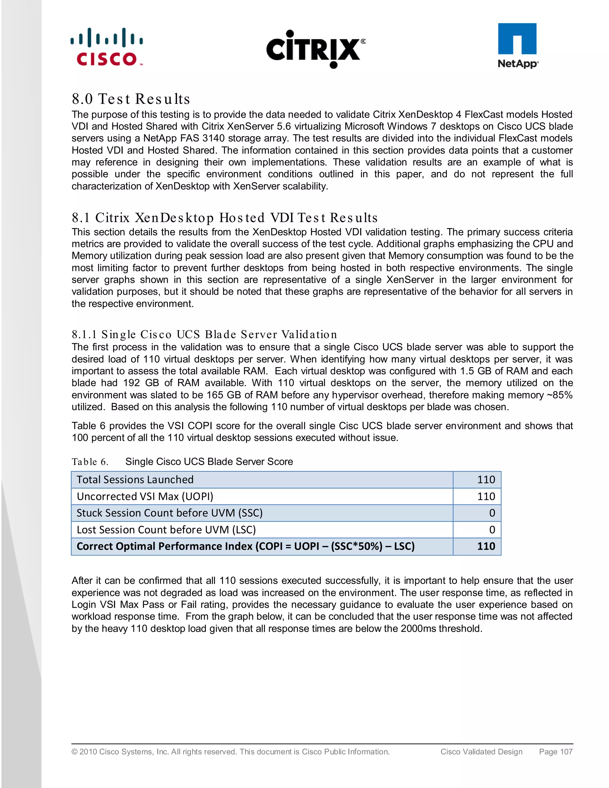 8.0 Te s t Re s u lts
The purpose of this testing is to provide the data needed to validate Citrix XenDesktop 4 FlexCast models Hosted
VDI and Hosted Shared with Citrix XenServer 5.6 virtualizing Microsoft Windows 7 desktops on Cisco UCS blade
servers using a NetApp FAS 3140 storage array. The test results are divided into the individual FlexCast models
Hosted VDI and Hosted Shared. The information contained in this section provides data points that a customer
may reference in designing their own implementations. These validation results are an example of what is
possible under the specific environment conditions outlined in this paper, and do not represent the full
characterization of XenDesktop with XenServer scalability.


8.1 Citrix Xen De s kto p Ho s ted VDI Te s t Re s ults
This section details the results from the XenDesktop Hosted VDI validation testing. The primary success criteria
metrics are provided to validate the overall success of the test cycle. Additional graphs emphasizing the CPU and
Memory utilization during peak session load are also present given that Memory consumption was found to be the
most limiting factor to prevent further desktops from being hosted in both respective environments. The single
server graphs shown in this section are representative of a single XenServer in the larger environment for
validation purposes, but it should be noted that these graphs are representative of the behavior for all servers in
the respective environment.


8.1.1 S in g le Cis c o UCS Bla d e S e rve r Va lid a tio n
The first process in the validation was to ensure that a single Cisco UCS blade server was able to support the
desired load of 110 virtual desktops per server. When identifying how many virtual desktops per server, it was
important to assess the total available RAM. Each virtual desktop was configured with 1.5 GB of RAM and each
blade had 192 GB of RAM available. With 110 virtual desktops on the server, the memory utilized on the
environment was slated to be 165 GB of RAM before any hypervisor overhead, therefore making memory ~85%
utilized. Based on this analysis the following 110 number of virtual desktops per blade was chosen.
Table 6 provides the VSI COPI score for the overall single Cisc UCS blade server environment and shows that
100 percent of all the 110 virtual desktop sessions executed without issue.

Ta b le 6.     Single Cisco UCS Blade Server Score
 Total Sessions Launched                                                                              110
 Uncorrected VSI Max (UOPI)                                                                           110
 Stuck Session Count before UVM (SSC)                                                                   0
 Lost Session Count before UVM (LSC)                                                                    0
 Correct Optimal Performance Index (COPI = UOPI – (SSC*50%) – LSC)                                    110

After it can be confirmed that all 110 sessions executed successfully, it is important to help ensure that the user
experience was not degraded as load was increased on the environment. The user response time, as reflected in
Login VSI Max Pass or Fail rating, provides the necessary guidance to evaluate the user experience based on
workload response time. From the graph below, it can be concluded that the user response time was not affected
by the heavy 110 desktop load given that all response times are below the 2000ms threshold.




© 2010 Cisco Systems, Inc. All rights reserved. This document is Cisco Public Information.   Cisco Validated Design   Page 107
 