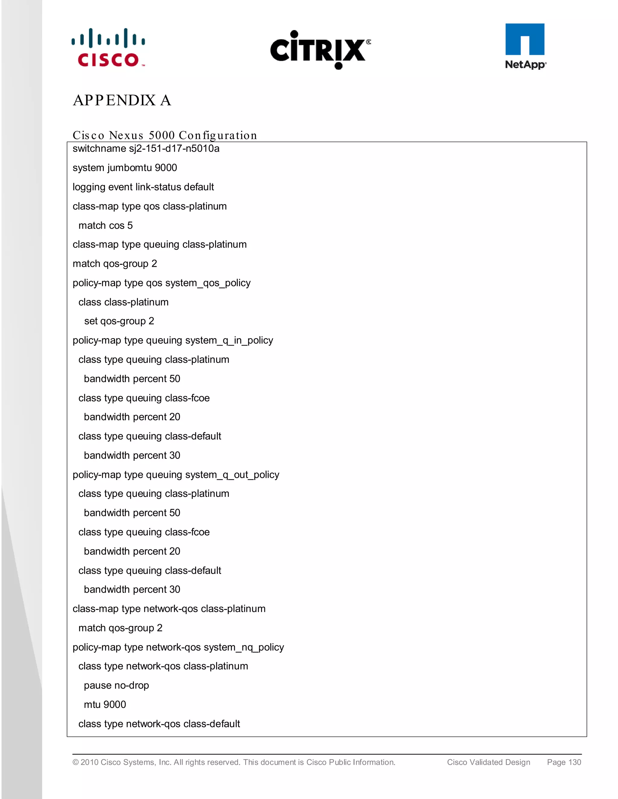 AP P ENDIX A

Cis c o Ne xu s 5000 Co n fig u ra tio n
switchname sj2-151-d17-n5010a
system jumbomtu 9000
logging event link-status default
class-map type qos class-platinum
 match cos 5
class-map type queuing class-platinum
match qos-group 2
policy-map type qos system_qos_policy
 class class-platinum
   set qos-group 2
policy-map type queuing system_q_in_policy
 class type queuing class-platinum
   bandwidth percent 50
 class type queuing class-fcoe
   bandwidth percent 20
 class type queuing class-default
   bandwidth percent 30
policy-map type queuing system_q_out_policy
 class type queuing class-platinum
   bandwidth percent 50
 class type queuing class-fcoe
   bandwidth percent 20
 class type queuing class-default
   bandwidth percent 30
class-map type network-qos class-platinum
 match qos-group 2
policy-map type network-qos system_nq_policy
 class type network-qos class-platinum
   pause no-drop
   mtu 9000
 class type network-qos class-default


© 2010 Cisco Systems, Inc. All rights reserved. This document is Cisco Public Information.   Cisco Validated Design   Page 130
 