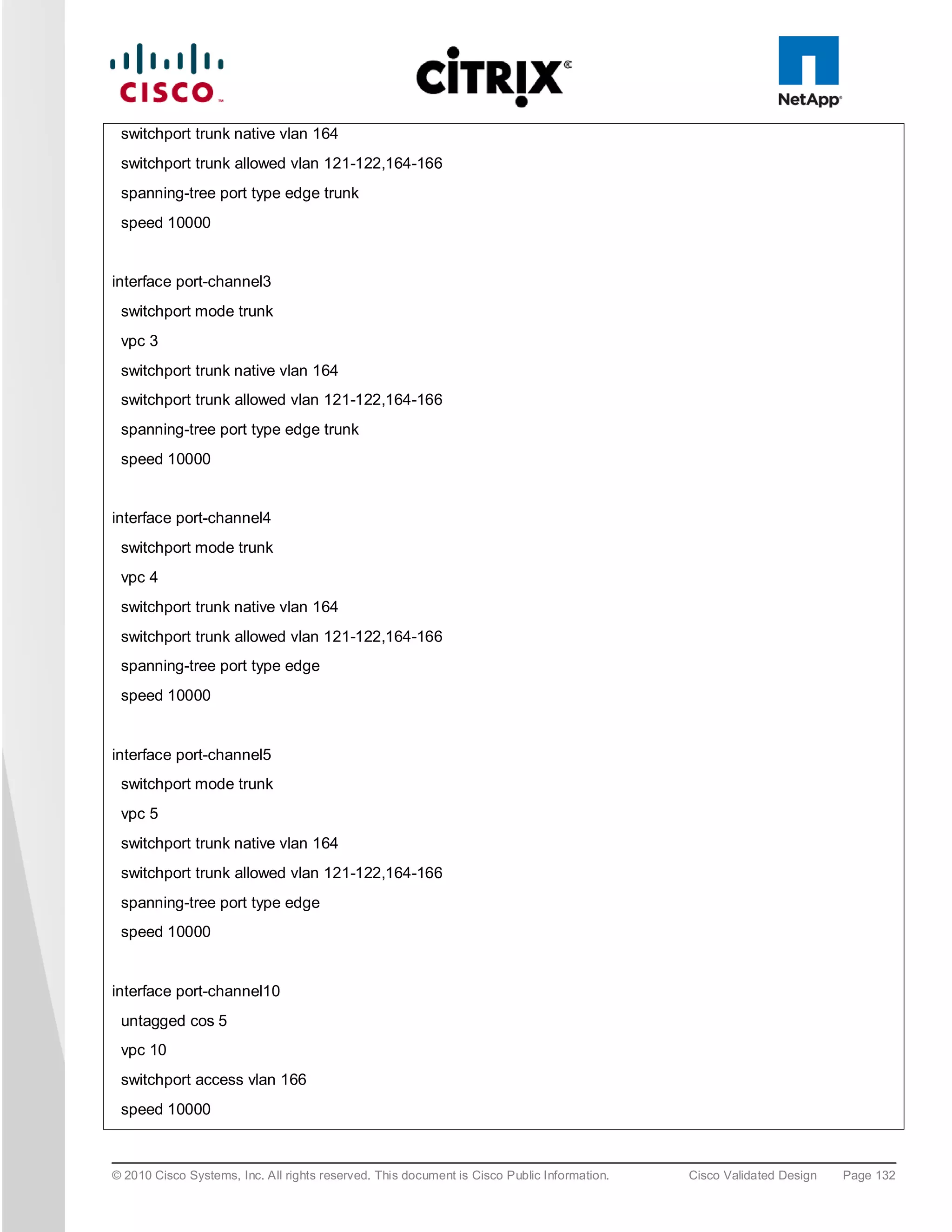 switchport trunk native vlan 164
 switchport trunk allowed vlan 121-122,164-166
 spanning-tree port type edge trunk
 speed 10000


interface port-channel3
 switchport mode trunk
 vpc 3
 switchport trunk native vlan 164
 switchport trunk allowed vlan 121-122,164-166
 spanning-tree port type edge trunk
 speed 10000


interface port-channel4
 switchport mode trunk
 vpc 4
 switchport trunk native vlan 164
 switchport trunk allowed vlan 121-122,164-166
 spanning-tree port type edge
 speed 10000


interface port-channel5
 switchport mode trunk
 vpc 5
 switchport trunk native vlan 164
 switchport trunk allowed vlan 121-122,164-166
 spanning-tree port type edge
 speed 10000


interface port-channel10
 untagged cos 5
 vpc 10
 switchport access vlan 166
 speed 10000



© 2010 Cisco Systems, Inc. All rights reserved. This document is Cisco Public Information.   Cisco Validated Design   Page 132
 