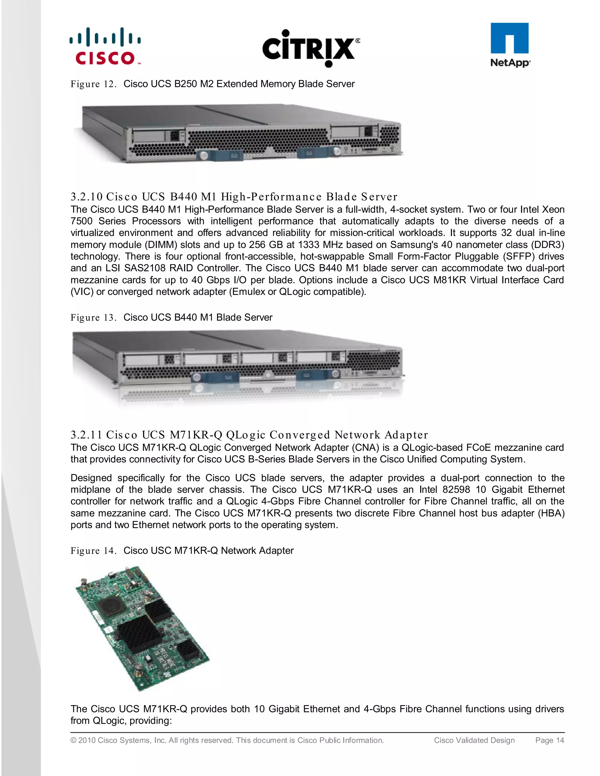 Fig u re 12. Cisco UCS B250 M2 Extended Memory Blade Server




3.2.10 Cis c o UCS B440 M1 Hig h -P e rfo rm a n c e Bla d e S e rve r
The Cisco UCS B440 M1 High-Performance Blade Server is a full-width, 4-socket system. Two or four Intel Xeon
7500 Series Processors with intelligent performance that automatically adapts to the diverse needs of a
virtualized environment and offers advanced reliability for mission-critical workloads. It supports 32 dual in-line
memory module (DIMM) slots and up to 256 GB at 1333 MHz based on Samsung's 40 nanometer class (DDR3)
technology. There is four optional front-accessible, hot-swappable Small Form-Factor Pluggable (SFFP) drives
and an LSI SAS2108 RAID Controller. The Cisco UCS B440 M1 blade server can accommodate two dual-port
mezzanine cards for up to 40 Gbps I/O per blade. Options include a Cisco UCS M81KR Virtual Interface Card
(VIC) or converged network adapter (Emulex or QLogic compatible).

Fig u re 13. Cisco UCS B440 M1 Blade Server




3.2.11 Cis c o UCS M71KR-Q QLo g ic Co n ve rg e d Ne two rk Ad a p te r
The Cisco UCS M71KR-Q QLogic Converged Network Adapter (CNA) is a QLogic-based FCoE mezzanine card
that provides connectivity for Cisco UCS B-Series Blade Servers in the Cisco Unified Computing System.
Designed specifically for the Cisco UCS blade servers, the adapter provides a dual-port connection to the
midplane of the blade server chassis. The Cisco UCS M71KR-Q uses an Intel 82598 10 Gigabit Ethernet
controller for network traffic and a QLogic 4-Gbps Fibre Channel controller for Fibre Channel traffic, all on the
same mezzanine card. The Cisco UCS M71KR-Q presents two discrete Fibre Channel host bus adapter (HBA)
ports and two Ethernet network ports to the operating system.

Fig u re 14. Cisco USC M71KR-Q Network Adapter




The Cisco UCS M71KR-Q provides both 10 Gigabit Ethernet and 4-Gbps Fibre Channel functions using drivers
from QLogic, providing:
© 2010 Cisco Systems, Inc. All rights reserved. This document is Cisco Public Information.   Cisco Validated Design   Page 14
 