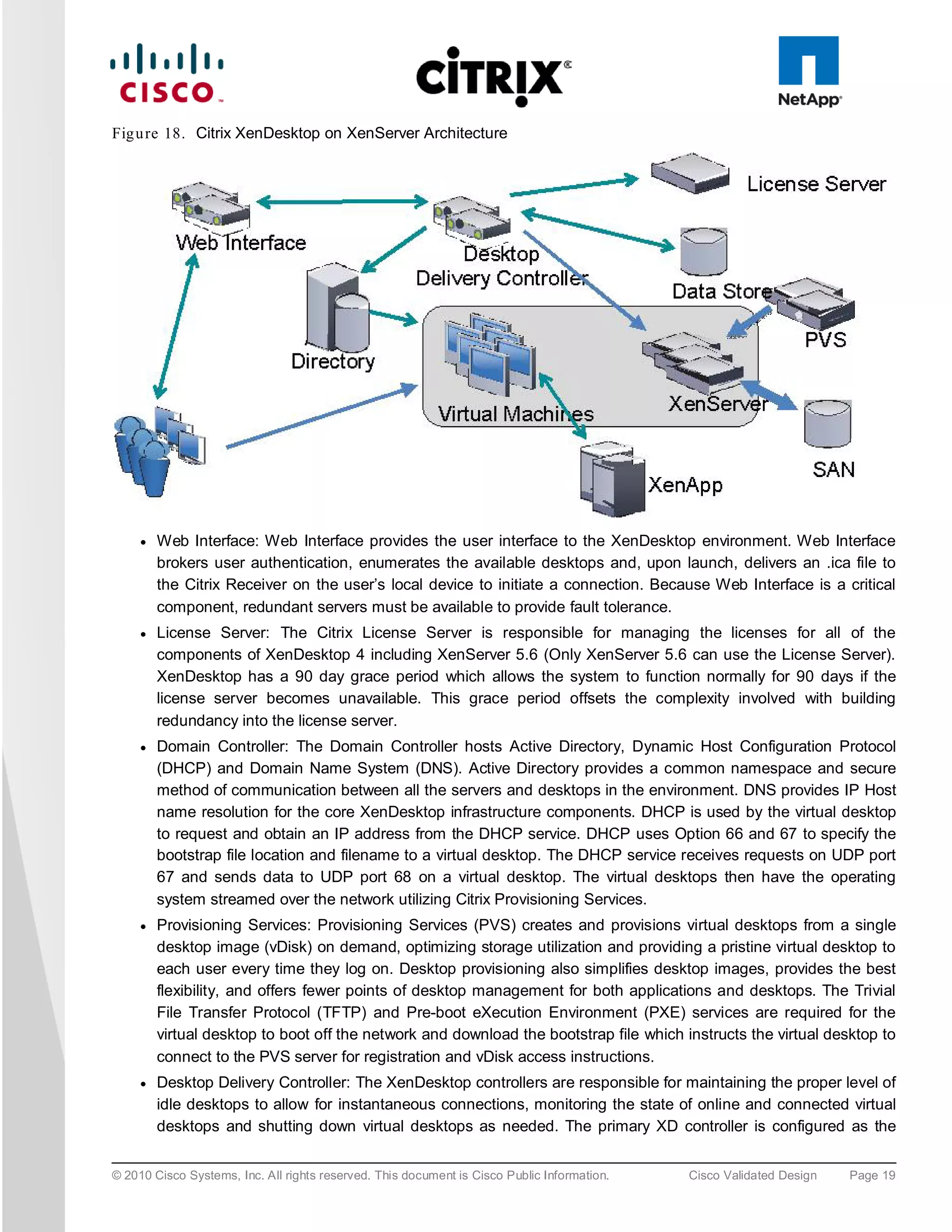 Fig u re 18. Citrix XenDesktop on XenServer Architecture




     ●   Web Interface: Web Interface provides the user interface to the XenDesktop environment. Web Interface
         brokers user authentication, enumerates the available desktops and, upon launch, delivers an .ica file to
         the Citrix Receiver on the user’s local device to initiate a connection. Because Web Interface is a critical
         component, redundant servers must be available to provide fault tolerance.
     ●   License Server: The Citrix License Server is responsible for managing the licenses for all of the
         components of XenDesktop 4 including XenServer 5.6 (Only XenServer 5.6 can use the License Server).
         XenDesktop has a 90 day grace period which allows the system to function normally for 90 days if the
         license server becomes unavailable. This grace period offsets the complexity involved with building
         redundancy into the license server.
     ●   Domain Controller: The Domain Controller hosts Active Directory, Dynamic Host Configuration Protocol
         (DHCP) and Domain Name System (DNS). Active Directory provides a common namespace and secure
         method of communication between all the servers and desktops in the environment. DNS provides IP Host
         name resolution for the core XenDesktop infrastructure components. DHCP is used by the virtual desktop
         to request and obtain an IP address from the DHCP service. DHCP uses Option 66 and 67 to specify the
         bootstrap file location and filename to a virtual desktop. The DHCP service receives requests on UDP port
         67 and sends data to UDP port 68 on a virtual desktop. The virtual desktops then have the operating
         system streamed over the network utilizing Citrix Provisioning Services.
     ●   Provisioning Services: Provisioning Services (PVS) creates and provisions virtual desktops from a single
         desktop image (vDisk) on demand, optimizing storage utilization and providing a pristine virtual desktop to
         each user every time they log on. Desktop provisioning also simplifies desktop images, provides the best
         flexibility, and offers fewer points of desktop management for both applications and desktops. The Trivial
         File Transfer Protocol (TFTP) and Pre-boot eXecution Environment (PXE) services are required for the
         virtual desktop to boot off the network and download the bootstrap file which instructs the virtual desktop to
         connect to the PVS server for registration and vDisk access instructions.
     ●   Desktop Delivery Controller: The XenDesktop controllers are responsible for maintaining the proper level of
         idle desktops to allow for instantaneous connections, monitoring the state of online and connected virtual
         desktops and shutting down virtual desktops as needed. The primary XD controller is configured as the


© 2010 Cisco Systems, Inc. All rights reserved. This document is Cisco Public Information.   Cisco Validated Design   Page 19
 