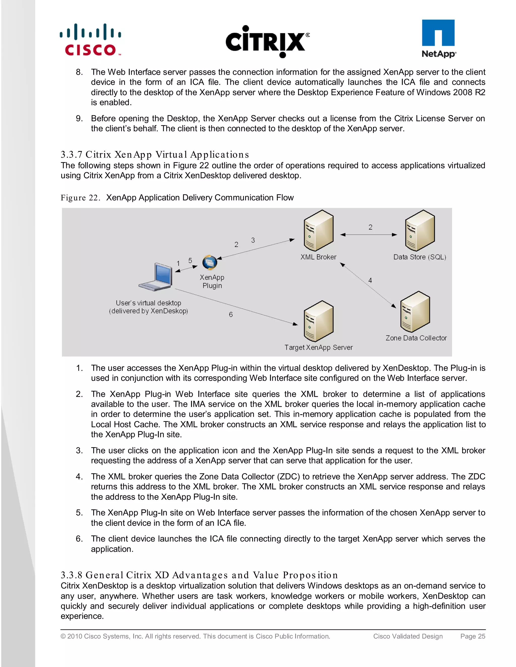 8. The Web Interface server passes the connection information for the assigned XenApp server to the client
        device in the form of an ICA file. The client device automatically launches the ICA file and connects
        directly to the desktop of the XenApp server where the Desktop Experience Feature of Windows 2008 R2
        is enabled.
     9. Before opening the Desktop, the XenApp Server checks out a license from the Citrix License Server on
        the client’s behalf. The client is then connected to the desktop of the XenApp server.


3.3.7 Citrix Xe n Ap p Virtu a l Ap p lic a tio n s
The following steps shown in Figure 22 outline the order of operations required to access applications virtualized
using Citrix XenApp from a Citrix XenDesktop delivered desktop.

Fig u re 22. XenApp Application Delivery Communication Flow




     1. The user accesses the XenApp Plug-in within the virtual desktop delivered by XenDesktop. The Plug-in is
        used in conjunction with its corresponding Web Interface site configured on the Web Interface server.
     2. The XenApp Plug-in Web Interface site queries the XML broker to determine a list of applications
        available to the user. The IMA service on the XML broker queries the local in-memory application cache
        in order to determine the user’s application set. This in-memory application cache is populated from the
        Local Host Cache. The XML broker constructs an XML service response and relays the application list to
        the XenApp Plug-In site.
     3. The user clicks on the application icon and the XenApp Plug-In site sends a request to the XML broker
        requesting the address of a XenApp server that can serve that application for the user.
     4. The XML broker queries the Zone Data Collector (ZDC) to retrieve the XenApp server address. The ZDC
        returns this address to the XML broker. The XML broker constructs an XML service response and relays
        the address to the XenApp Plug-In site.
     5. The XenApp Plug-In site on Web Interface server passes the information of the chosen XenApp server to
        the client device in the form of an ICA file.
     6. The client device launches the ICA file connecting directly to the target XenApp server which serves the
        application.


3.3.8 Ge n e ra l Citrix XD Ad va n ta g e s a n d Va lu e Pro p o s itio n
Citrix XenDesktop is a desktop virtualization solution that delivers Windows desktops as an on-demand service to
any user, anywhere. Whether users are task workers, knowledge workers or mobile workers, XenDesktop can
quickly and securely deliver individual applications or complete desktops while providing a high-definition user
experience.

© 2010 Cisco Systems, Inc. All rights reserved. This document is Cisco Public Information.   Cisco Validated Design   Page 25
 