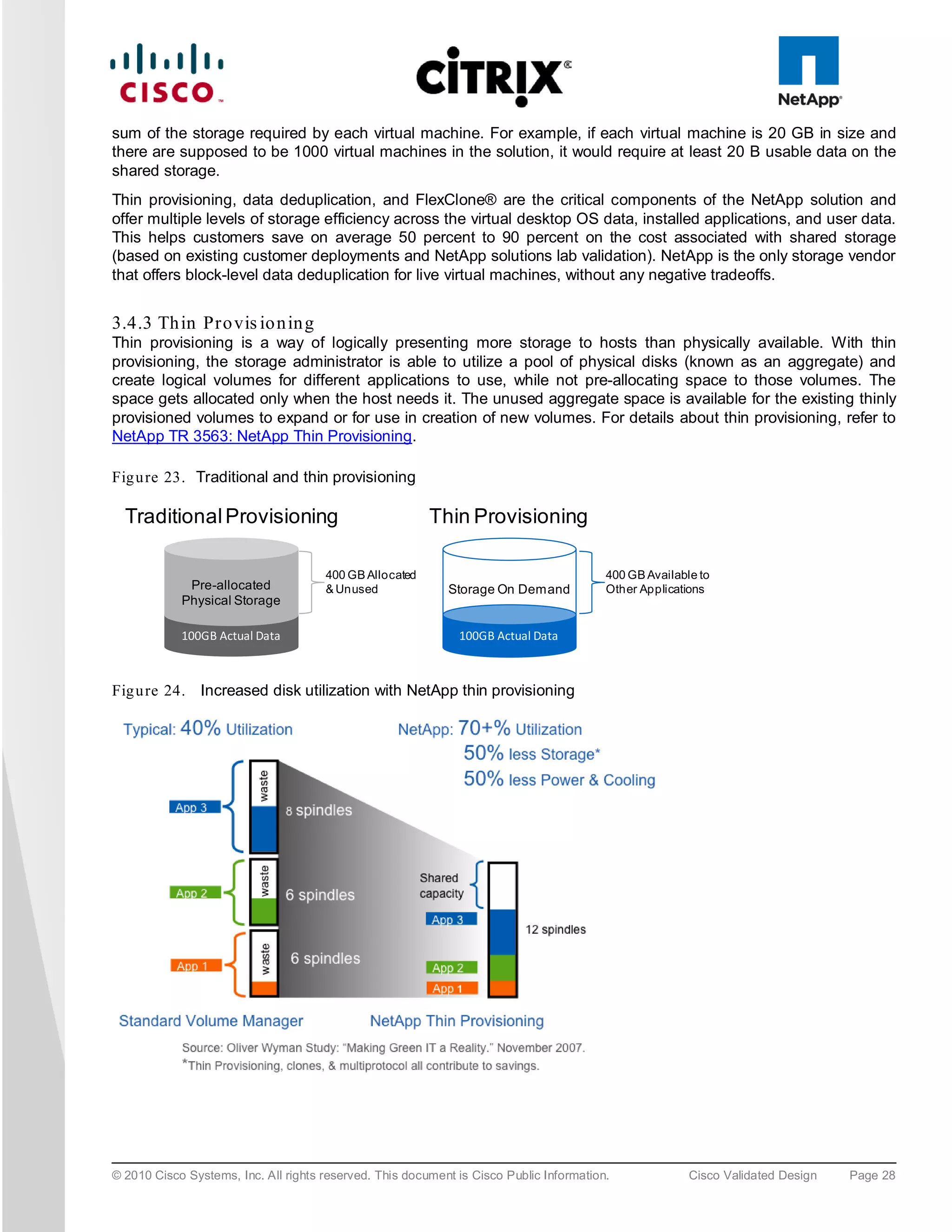 sum of the storage required by each virtual machine. For example, if each virtual machine is 20 GB in size and
there are supposed to be 1000 virtual machines in the solution, it would require at least 20 B usable data on the
shared storage.
Thin provisioning, data deduplication, and FlexClone® are the critical components of the NetApp solution and
offer multiple levels of storage efficiency across the virtual desktop OS data, installed applications, and user data.
This helps customers save on average 50 percent to 90 percent on the cost associated with shared storage
(based on existing customer deployments and NetApp solutions lab validation). NetApp is the only storage vendor
that offers block-level data deduplication for live virtual machines, without any negative tradeoffs.


3.4.3 Th in Pro vis io n in g
Thin provisioning is a way of logically presenting more storage to hosts than physically available. With thin
provisioning, the storage administrator is able to utilize a pool of physical disks (known as an aggregate) and
create logical volumes for different applications to use, while not pre-allocating space to those volumes. The
space gets allocated only when the host needs it. The unused aggregate space is available for the existing thinly
provisioned volumes to expand or for use in creation of new volumes. For details about thin provisioning, refer to
NetApp TR 3563: NetApp Thin Provisioning.

Fig u re 23. Traditional and thin provisioning

  Traditional Provisioning                               Thin Provisioning

                                      400 GB Allocated                                   400 GB Available to
             Pre-allocated            & Unused              Storage On Demand            Other Applications
            Physical Storage

            100GB Actual Data                                 100GB Actual Data



Fig u re 24. Increased disk utilization with NetApp thin provisioning




© 2010 Cisco Systems, Inc. All rights reserved. This document is Cisco Public Information.              Cisco Validated Design   Page 28
 