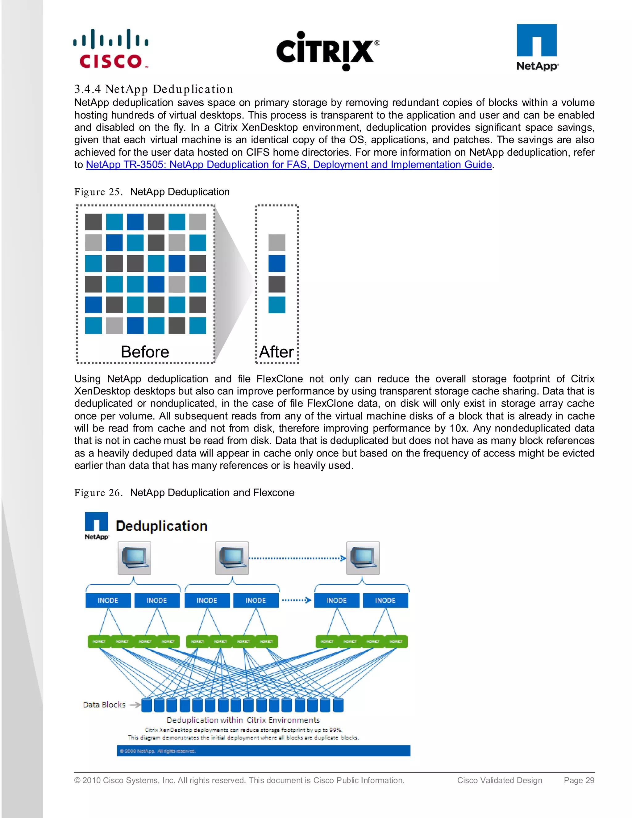 3.4.4 Ne tAp p De d u p lic a tio n
NetApp deduplication saves space on primary storage by removing redundant copies of blocks within a volume
hosting hundreds of virtual desktops. This process is transparent to the application and user and can be enabled
and disabled on the fly. In a Citrix XenDesktop environment, deduplication provides significant space savings,
given that each virtual machine is an identical copy of the OS, applications, and patches. The savings are also
achieved for the user data hosted on CIFS home directories. For more information on NetApp deduplication, refer
to NetApp TR-3505: NetApp Deduplication for FAS, Deployment and Implementation Guide.

Fig u re 25. NetApp Deduplication




            Before                                After
Using NetApp deduplication and file FlexClone not only can reduce the overall storage footprint of Citrix
XenDesktop desktops but also can improve performance by using transparent storage cache sharing. Data that is
deduplicated or nonduplicated, in the case of file FlexClone data, on disk will only exist in storage array cache
once per volume. All subsequent reads from any of the virtual machine disks of a block that is already in cache
will be read from cache and not from disk, therefore improving performance by 10x. Any nondeduplicated data
that is not in cache must be read from disk. Data that is deduplicated but does not have as many block references
as a heavily deduped data will appear in cache only once but based on the frequency of access might be evicted
earlier than data that has many references or is heavily used.

Fig u re 26. NetApp Deduplication and Flexcone




© 2010 Cisco Systems, Inc. All rights reserved. This document is Cisco Public Information.   Cisco Validated Design   Page 29
 