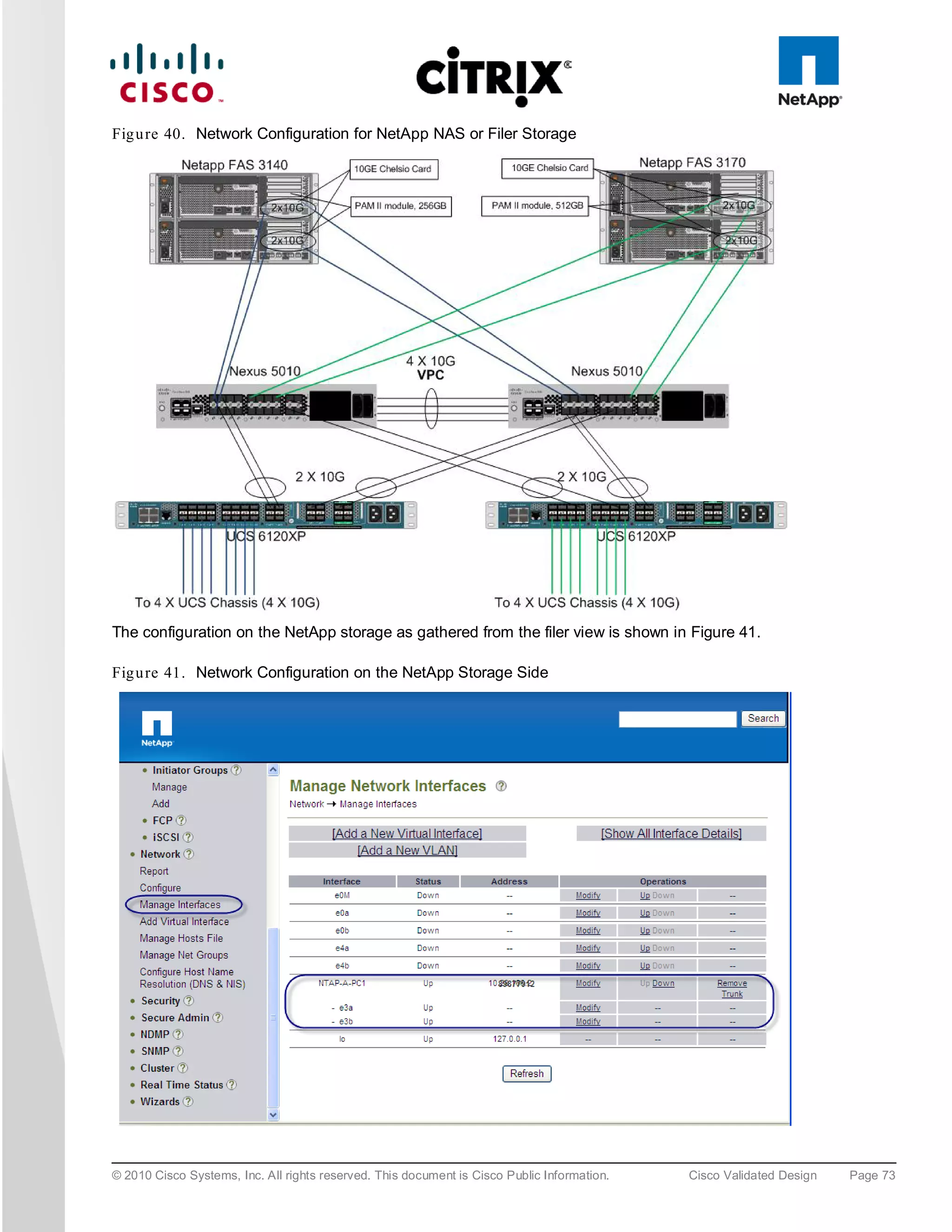 Fig u re 40. Network Configuration for NetApp NAS or Filer Storage




The configuration on the NetApp storage as gathered from the filer view is shown in Figure 41.

Fig u re 41. Network Configuration on the NetApp Storage Side




© 2010 Cisco Systems, Inc. All rights reserved. This document is Cisco Public Information.   Cisco Validated Design   Page 73
 