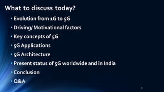 What to discuss today?
• Evolution from 1G to 5G
• Driving/Motivational factors
• Key concepts of 5G
• 5GApplications
• 5GArchitecture
• Present status of 5G worldwide and in India
• Conclusion
• Q&A
3
 