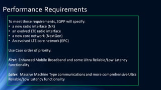 Performance Requirements
To meet these requirements, 3GPP will specify:
• a new radio interface (NR)
• an evolved LTE radi...