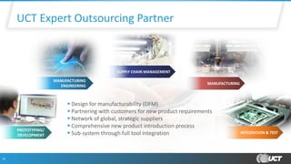 10
UCT Expert Outsourcing Partner
MANUFACTURING
INTEGRATION & TEST
PROTOTYPING/
DEVELOPMENT
MANUFACTURING
ENGINEERING
SUPPLY CHAIN MANAGEMENT
▪ Design for manufacturability (DFM)
▪ Partnering with customers for new product requirements
▪ Network of global, strategic suppliers
▪ Comprehensive new product introduction process
▪ Sub-system through full tool integration
 