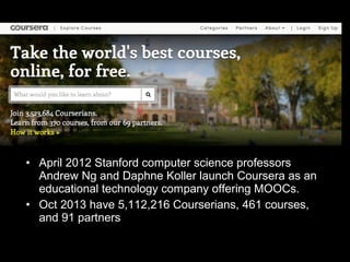 • April 2012 Stanford computer science professors
Andrew Ng and Daphne Koller launch Coursera as an
educational technology company offering MOOCs.
• Oct 2013 have 5,112,216 Courserians, 461 courses,
and 91 partners

 