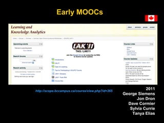 Early MOOCs

http://scope.bccampus.ca/course/view.php?id=365

2011
George Siemens
Jon Dron
Dave Cormier
Sylvia Currie
Tanya Elias

 