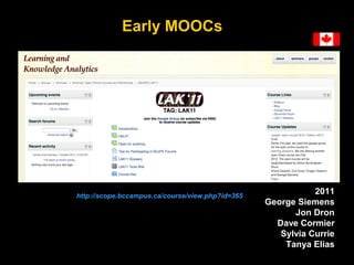 Early MOOCs

http://scope.bccampus.ca/course/view.php?id=365

2011
George Siemens
Jon Dron
Dave Cormier
Sylvia Currie
Tany...