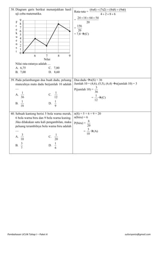 38. Diagram garis berikut menunjukkan hasil
(6x4)  (7x2)  (8x8)  (9x6)
Rata-rata =
uji coba matematika.
4 286
24  14  64  54
=
9
F
20
8
●
r
156
7
=
e
20
6
●
k
= 7,8 (C)
5
u
4
●
e
3
n
2
●
s
1
i
0●
6
7
8
9
Nilai
Nilai rata-ratanya adalah ....
A. 6,75
C. 7,80
B. 7,00
D. 8,60
39. Pada pelambungan dua buah dadu, peluang Dua dadu n(S) = 36
munculnya mata dadu berjumlah 10 adalah Jumlah 10 = (4,6), (5,5), (6,4) n(jumlah 10) = 3
3
....
P(jumlah 10) =
36
1
1
A.
C.
1
12
36
=
(C)
12
1
1
B.
D.
18
9
40. Sebuah kantong berisi 5 bola warna merah, n(S) = 5 + 6 + 9 = 20
6 bola warna biru dan 9 bola warna kuning. n(biru) = 6
Jika dilakukan satu kali pengambilan, maka P(biru) = 6
20
peluang terambilnya bola warna biru adalah
3
....
=
(A)
10
3
1
A.
C.
10
20
3
1
B.
D.
7
6

Pembahasan UCUN Tahap I – Paket A

sulisriyanto@gmail.com

 