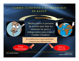 Tema: Cambio Climático 17 Elaborado por:
Richard Villalobos Sanchez
Muchos países se pusieron
de acuerdo para bajar las
emisiones de gases y
trabajar juntos para evitar el
Cambio Climático:
Se establecieron responsabilidades
comunes pero diferenciadas
Países
Desarrollados
Países en
desarrollo
Hacia el Cambio
C A M B I O C L I M A T I C O Y E L P R O T O C O L O
D E K Y O T O
 