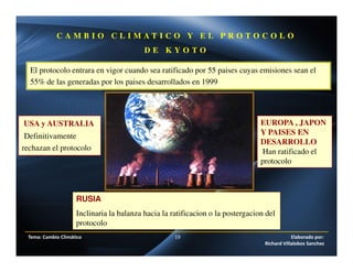 Tema: Cambio Climático 19 Elaborado por:
Richard Villalobos Sanchez
C A M B I O C L I M A T I C O Y E L P R O T O C O L O
D E K Y O T O
USA y AUSTRALIA
Definitivamente
rechazan el protocolo
RUSIA
Inclinaria la balanza hacia la ratificacion o la postergacion del
protocolo
El protocolo entrara en vigor cuando sea ratificado por 55 paises cuyas emisiones sean el
55% de las generadas por los paises desarrollados en 1999
EUROPA , JAPON
Y PAISES EN
DESARROLLO
Han ratificado el
protocolo
 
