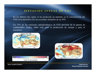 Tema: Cambio Climático 7 Elaborado por:
Richard Villalobos Sanchez
S I T U A C I O N A C T U A L D E C O 2
En los últimos dos siglos se ha producido un aumento en la concentración del
CO2 en la atmósfera esto ha ascendido alrededor de un 30%.
Un 75% de las emisiones antropométricas de CO2 proviene de la quema de
combustibles fósiles, sobre todo para la producción de energía y para el
transporte.
 