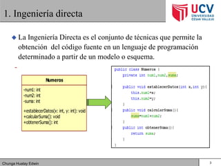 Chunga Huatay Edwin
1. Ingeniería directa
 La Ingeniería Directa es el conjunto de técnicas que permite la
obtención del código fuente en un lenguaje de programación
determinado a partir de un modelo o esquema.
3
Numeros
-num1: int
-num2: int
-suma: int
+establecerDatos(x: int, y: int): void
+calcularSuma(): void
+obtenerSuma(): int
 