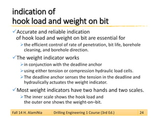 indication of hook load and weight on bit 
 
Accurate and reliable indication of hook load and weight on bit are essential for 
 
the efficient control of rate of penetration, bit life, borehole cleaning, and borehole direction. 
 
The weight indicator works 
 
in conjunction with the deadline anchor 
 
using either tension or compression hydraulic load cells. 
 
The deadline anchor senses the tension in the deadline and hydraulically actuates the weight indicator. 
 
Most weight indicators have two hands and two scales. 
 
The inner scale shows the hook load and the outer one shows the weight-on–bit. 
Fall 14 H. AlamiNia Drilling Engineering 1 Course (3rd Ed.) 24 
 