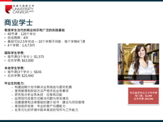 商业学士
教授学生当代的商业知识和广泛的实践基础
• 40节课，120个学分
• 完成周期：4年
• 最短可达2.5年完成 -- 10个学期不间断，每个学期4门课
• 4个学期：1,4,7,9月
国际学生学费:
• 每节课(3个学分）: $1,575
• 总共学费: $63,000
本地学生学费:
• 每节课(3个学分）: $636
• 总共学费: $25,440
毕业生的能力:
– 构建战略计划书解决业务挑战与面对机遇
– 使用管理和财政方法严格评估业务事项
– 研究和分析业务系统，过程和功能
– 运用现代经营方式解决问题与突发情况
– 创建道德和法律基础的建计划书，建议与项目管理
– 高效组织信息，专业的客户沟通能力
– 在多元化的环境中剧本高效的写作与工作能力
对比温哥华公立大学学费
每门课：$2,399
总共学费: $95,996
 
