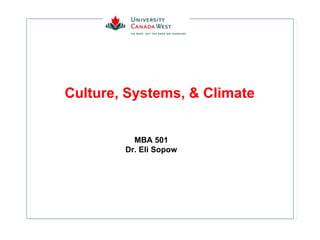 Culture, Systems, & Climate MBA 501 Dr. Eli Sopow 