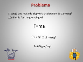 Si tengo una masa de 5kg y una aceleración de 12m/seg2
¿Cuál es la fuerza que aplique?
F=ma
F= 5 Kg X 12 m/seg2
F= 60Kg m/seg2
 