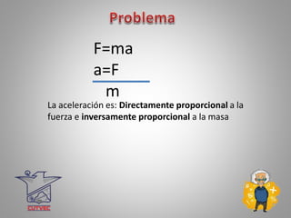 F=ma
a=F
m
La aceleración es: Directamente proporcional a la
fuerza e inversamente proporcional a la masa
 