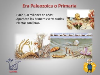 Hace 500 millones de años:
Aparecen los primeros vertebrados
Plantas coníferas.
 