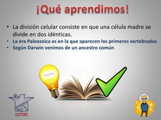 • La división celular consiste en que una célula madre se
divide en dos idénticas.
• La era Paleozoica es en la que aparecen los primeros vertebrados
• Según Darwin venimos de un ancestro común
 