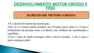 DESENVOLVIMENTO MOTOR GROSSO E
FINO
HABILIDADE MOTORA GROSSA
É o desenvolvimento da locomoção;
De 12 a 13 meses (anda sozinha), aos 18 tenta correr, entre 2 e 3 anos o
refinamento da posição ereta é evidente com melhora da coordenação e
equilíbrio;
Aos 2 anos de idade consegue subir e descer escadas e aos 2 anos e
meio consegue pular.
 