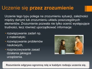 Uczenie się przez zrozumienie
• rozwiązywanie zadań np.
z matematyki;
• rozwiązywanie problemów
naukowych,
• rozpracowywanie zasad
działania jakiegoś
urządzenia.
Uczenie tego typu polega na zrozumieniu sytuacji, zależności
między danymi lub zrozumieniu układu poszczególnych
elementów. Zrozumienie pozwala nie tylko ocenić występujące
trudności, lecz również uporządkować informacje:
Rozumienie odgrywa ogromną rolę w każdym rodzaju uczenia się.
 