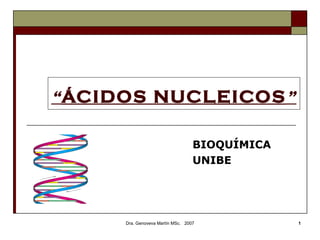 “ ÁCIDOS NUCLEICOS ”   BIOQUÍMICA  UNIBE Dra. Genoveva Martín MSc.  2007 